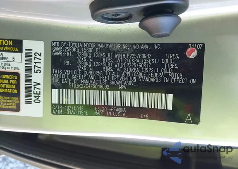 2007 Toyota Sienna Xle z USA, uszkodzony, nr VIN 5TDZK22C47S018092